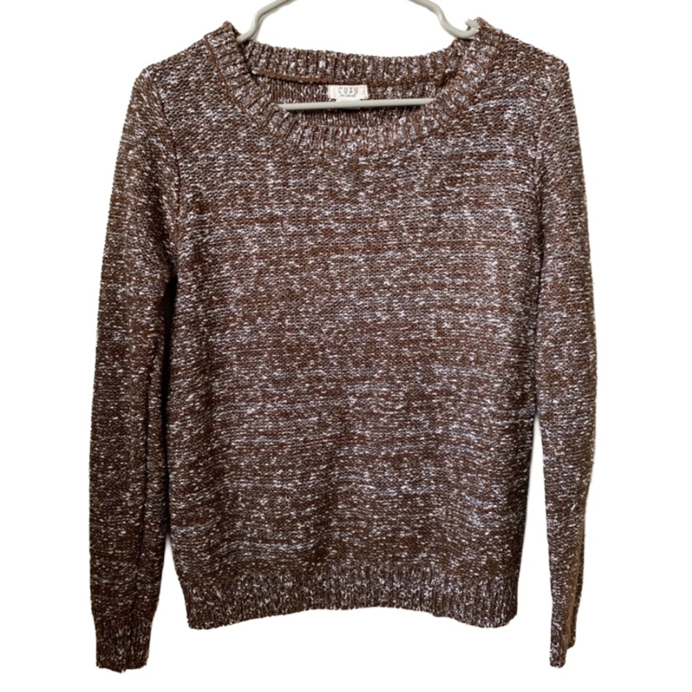 COZY Women’s Brown Cream Tweed Long Sleeve Sweater Size: Medium